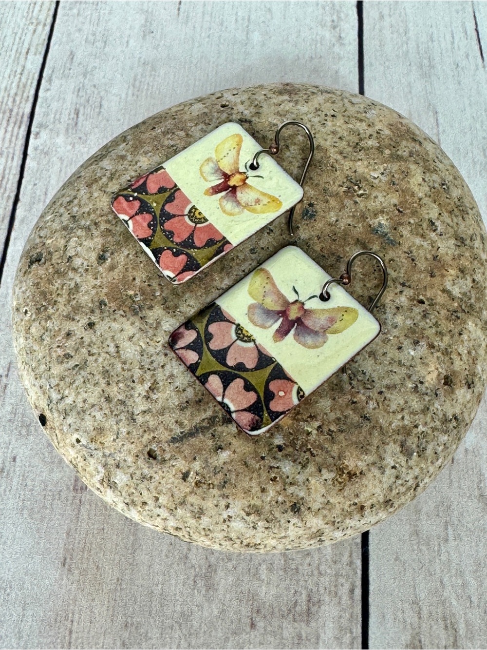 Butterfly Floral Rectangle Drop Earrings - Pink & Yellow